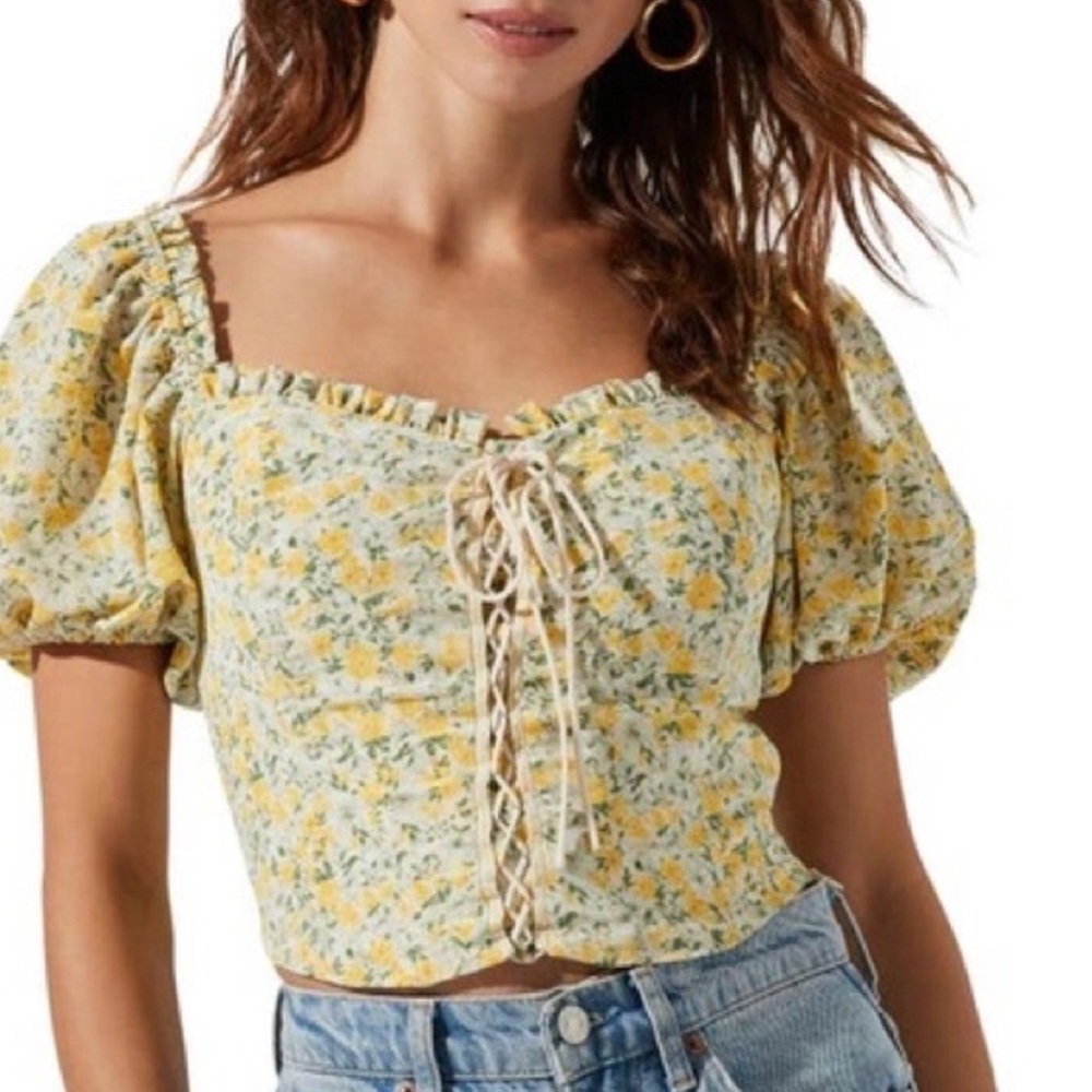203 ASTR Ditsy Floral Puff Sleeve Lace Up Corset Style Top - S